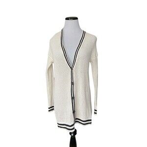 American Eagle Women Y2K Varsity Cardigan Size S Cream Open Knit Preppy Longline